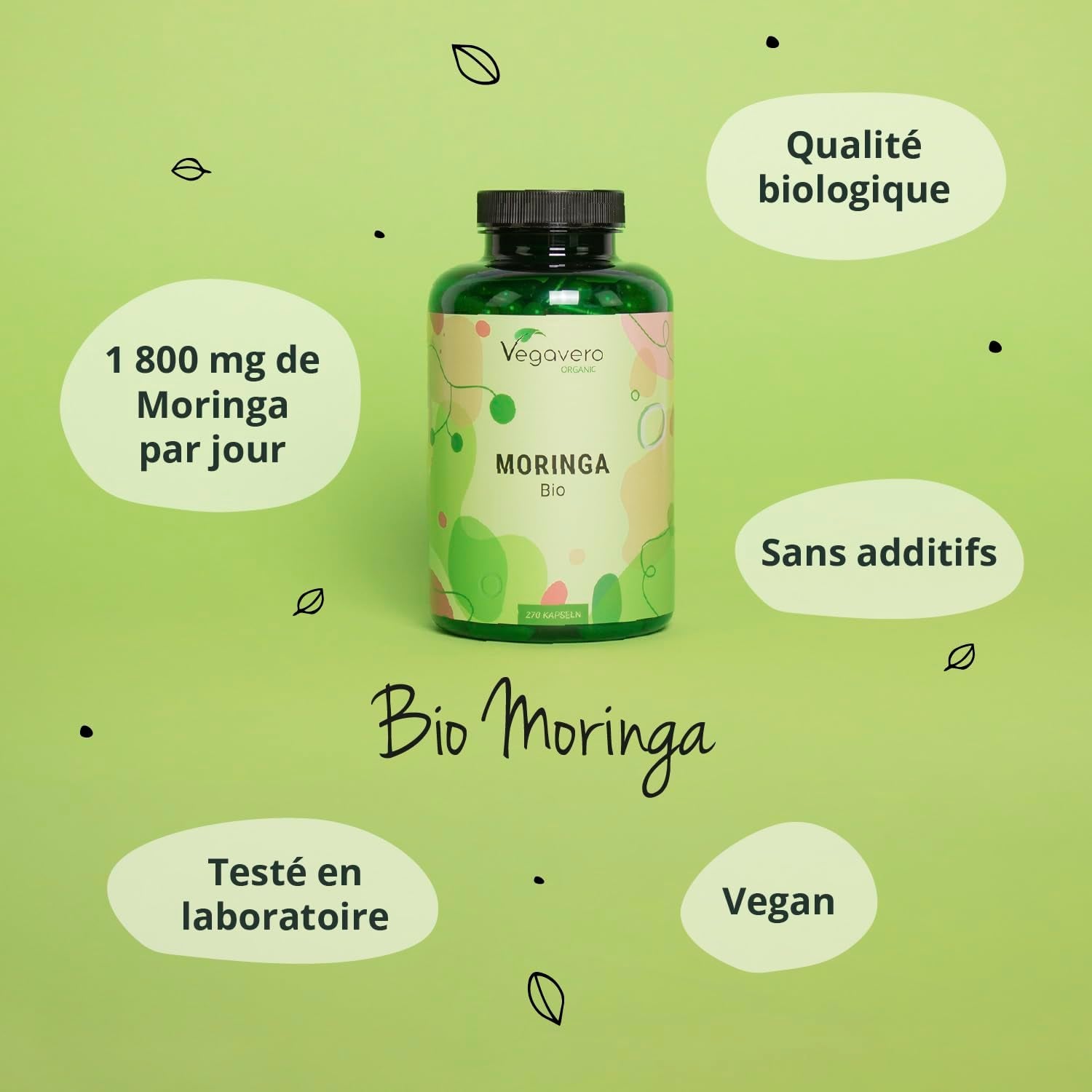 Moringa BIO 1800 Mg | 270 Gélules Vegan | SUPERFOOD : Multivitamines Et Minéraux Naturels | Antioxydant + Energie | SANS ADDITIFS | ®